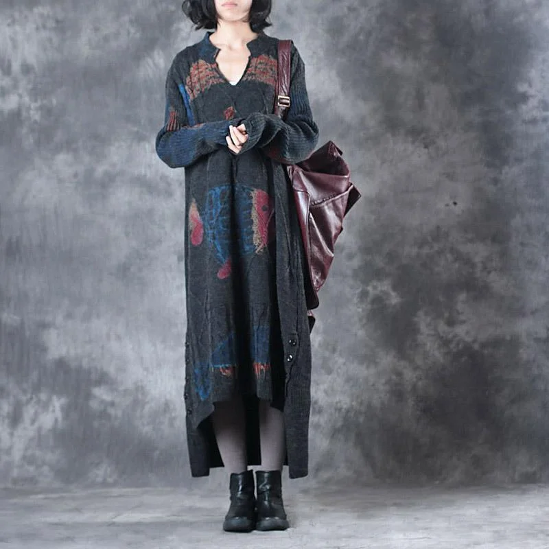 stylish dark gray sweater dress plus size low high design pullover 2017 o neck pullover sweater dressesFestival Knit Tops